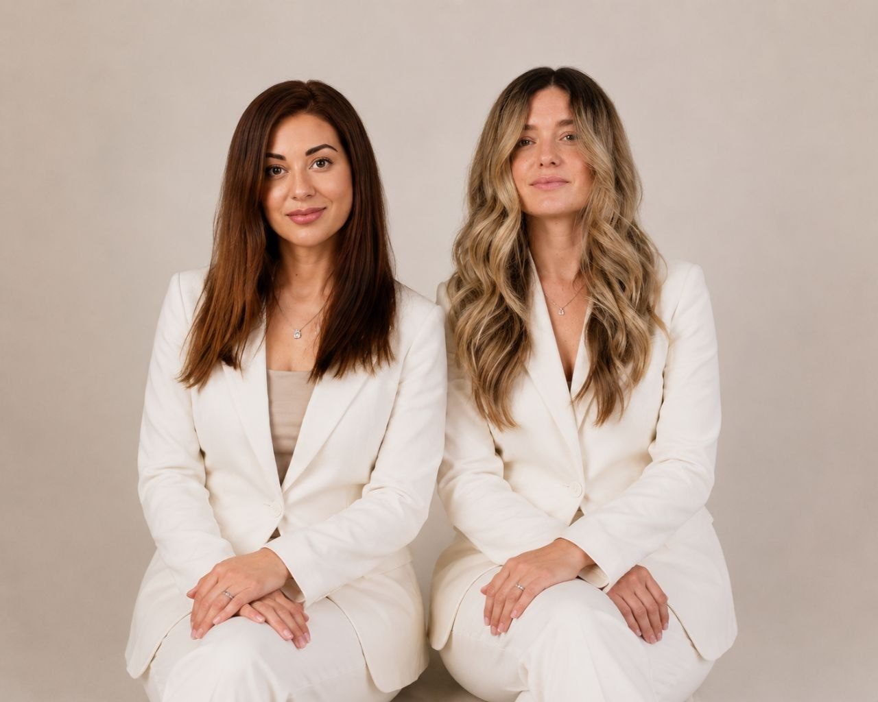 Sisters and co-founders Anastasiya and Vera Cap of Neo Aesthetics and Medical International Academy, seated side by side in white suits