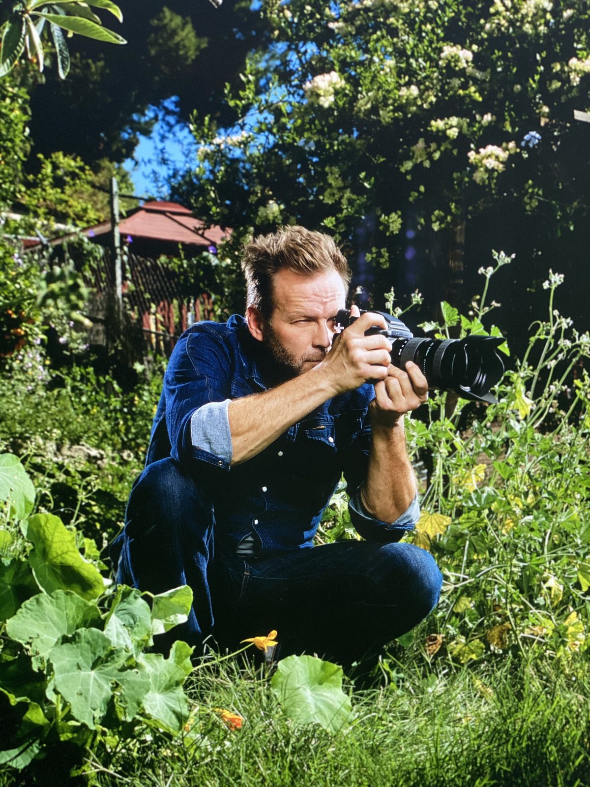 William Sanford lining up a shot through his camera among the garden greenery
