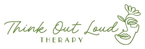 Think Out Loud Therapy logo: green script lettering beside a line-drawn face with a flower
