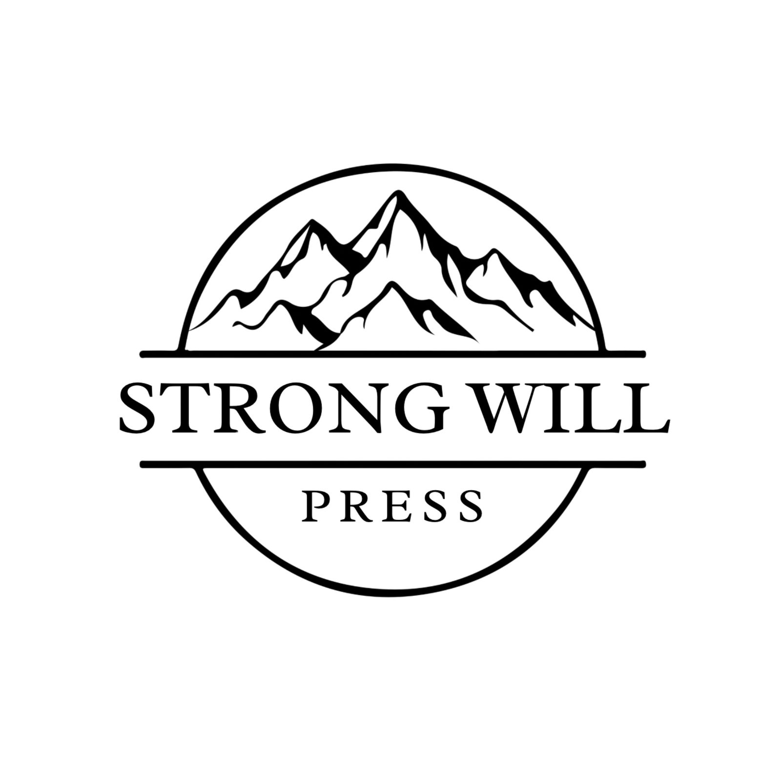 Strong Will Press logo, a mountain range inside a circle